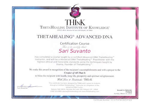 Theta healing advanced dna koulutus todistus